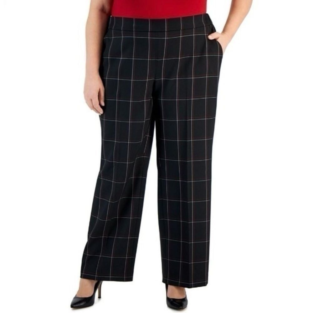 Kasper Women's XL NWT Elastic Waist Black Window Pane Plaid Pull On Pants New